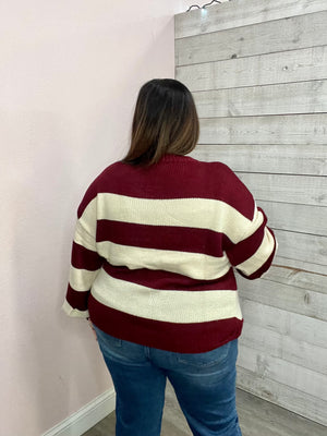 "Bold Energy" Burgundy/Ivory Striped Sweater