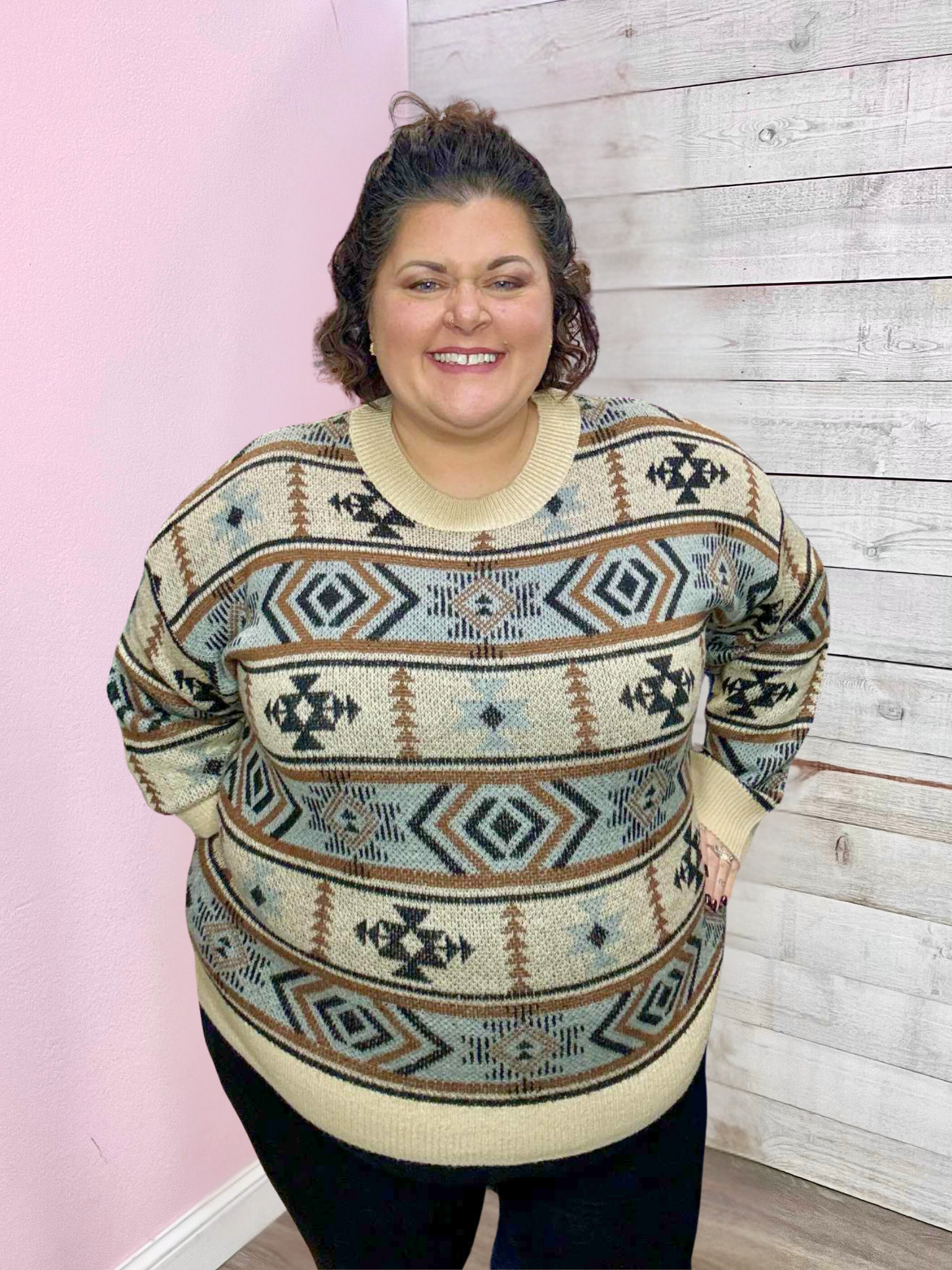 "Hayride Cutie" Tan Aztec Sweater