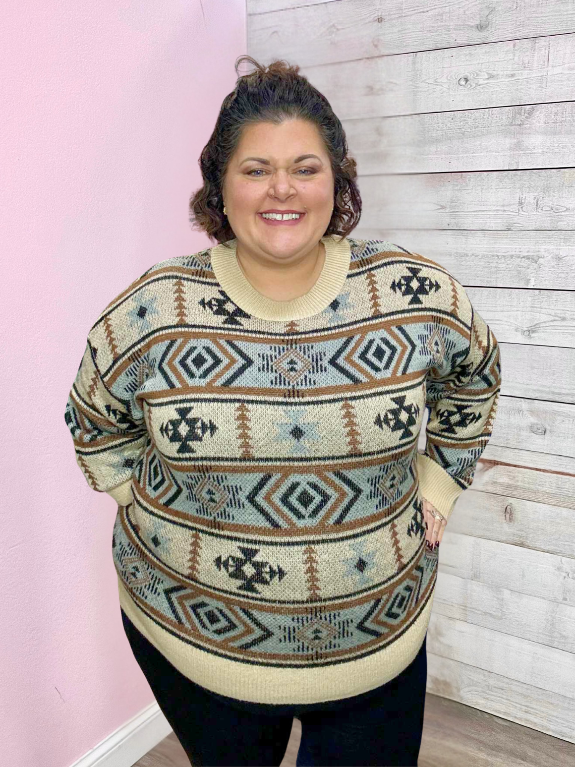 "Hayride Cutie" Tan Aztec Sweater