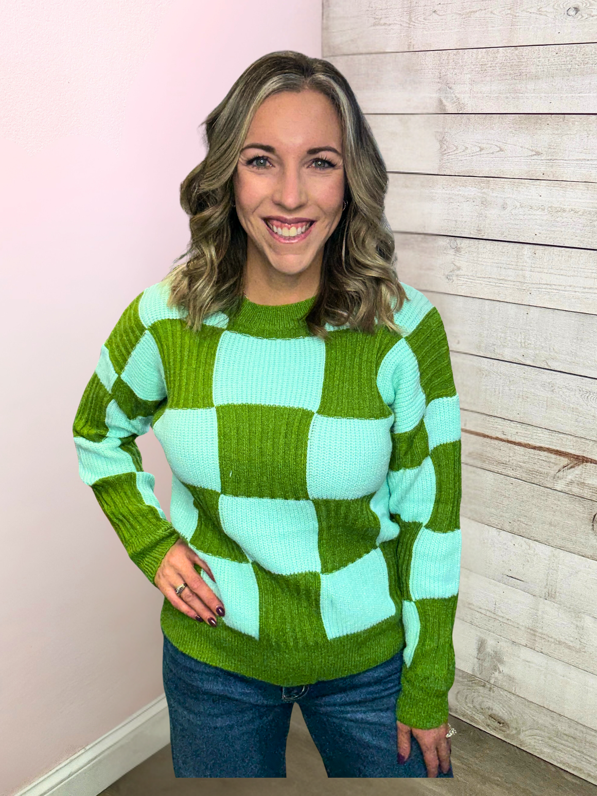"Right On Cue" Blue/Green Checkered Sweater