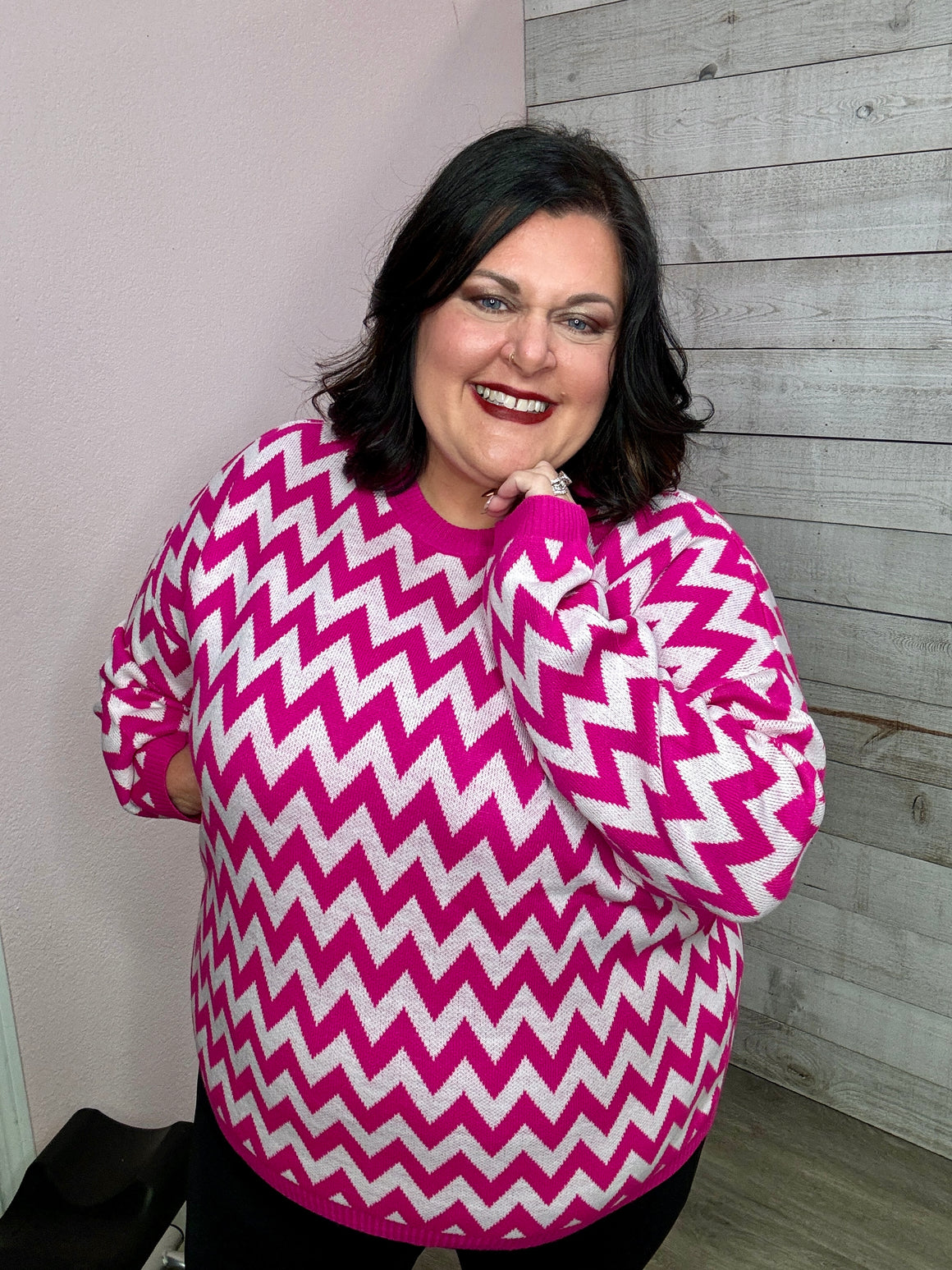 Pink"Sweet Whispers" Pink Chevron Sweater