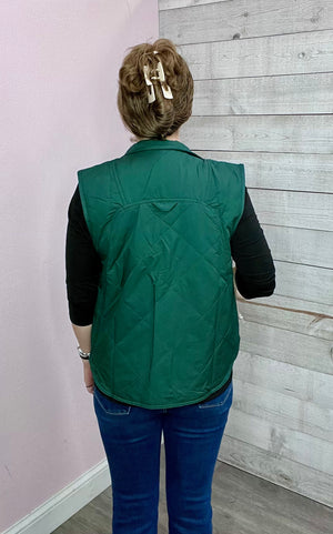 "Me Time" Button Down Vest- Hunter Green