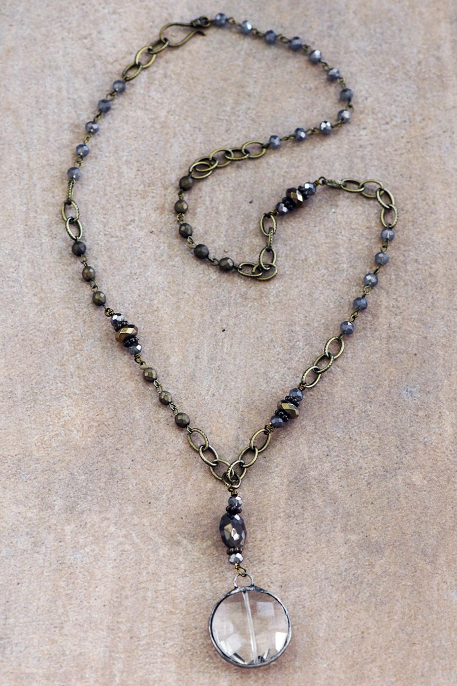 Beaded Necklace w/Circle Crystal Pendant