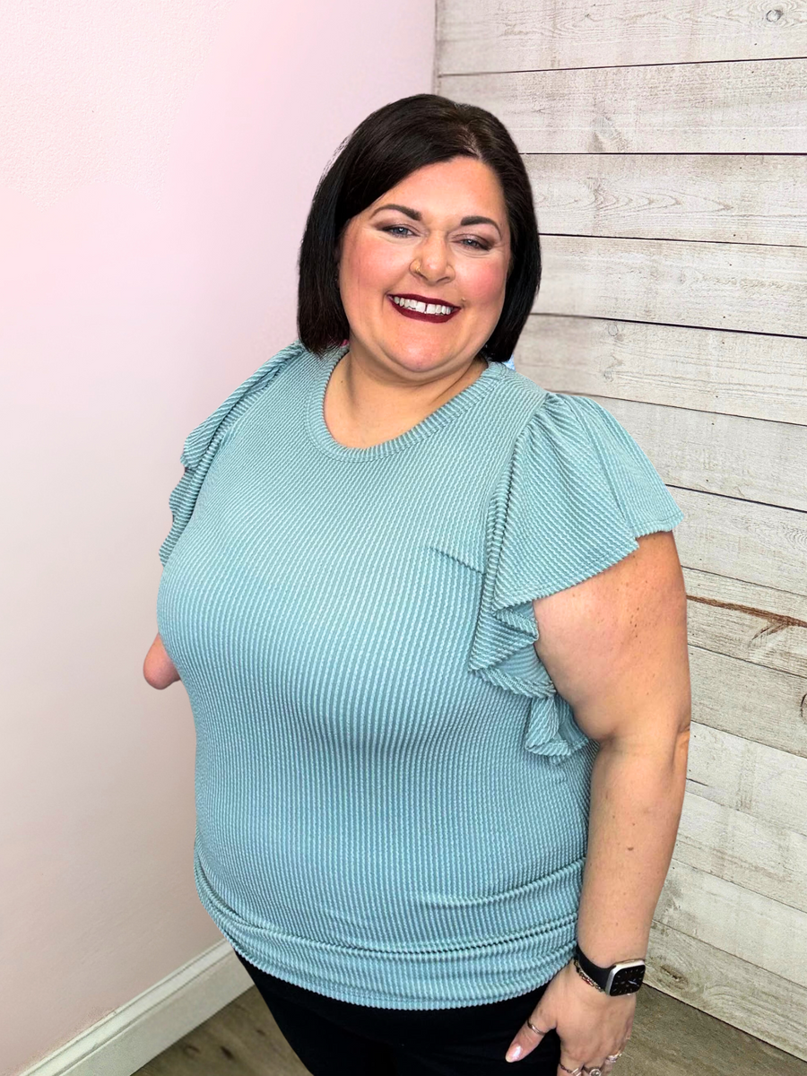 "Feeling The Vibes" Sage Ribbed Flutter Sleeve Top
