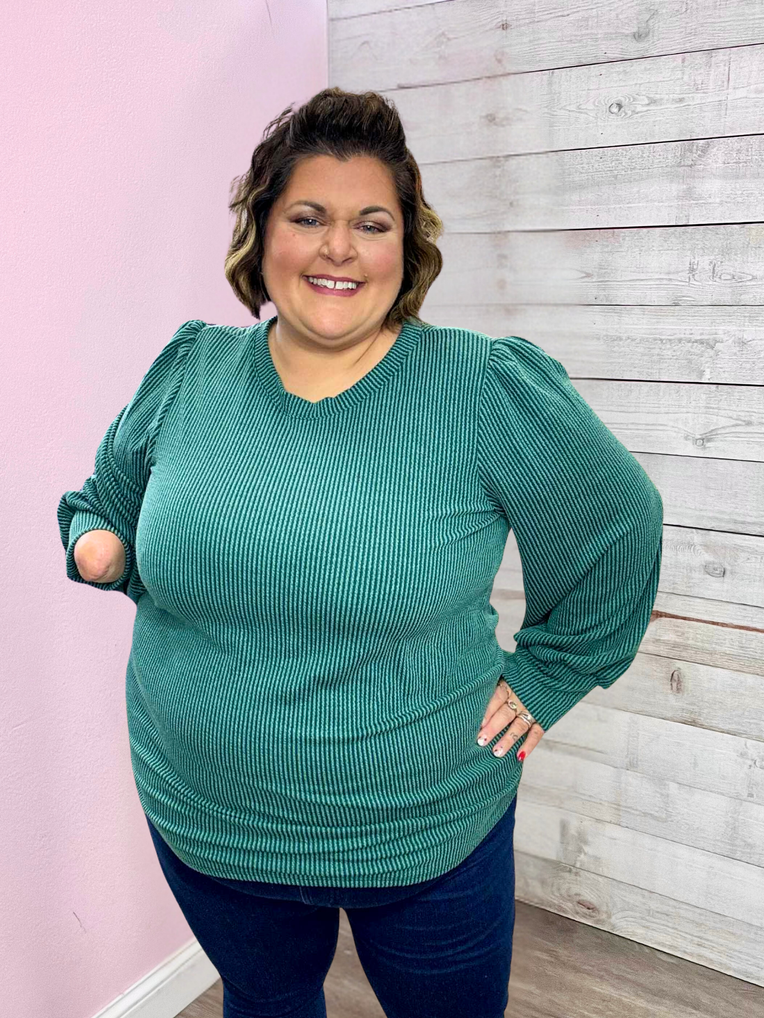 "Charming Encounter" Ribbed Green Top