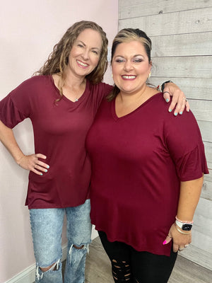 "Out Of Town" Burgundy V Neck Top
