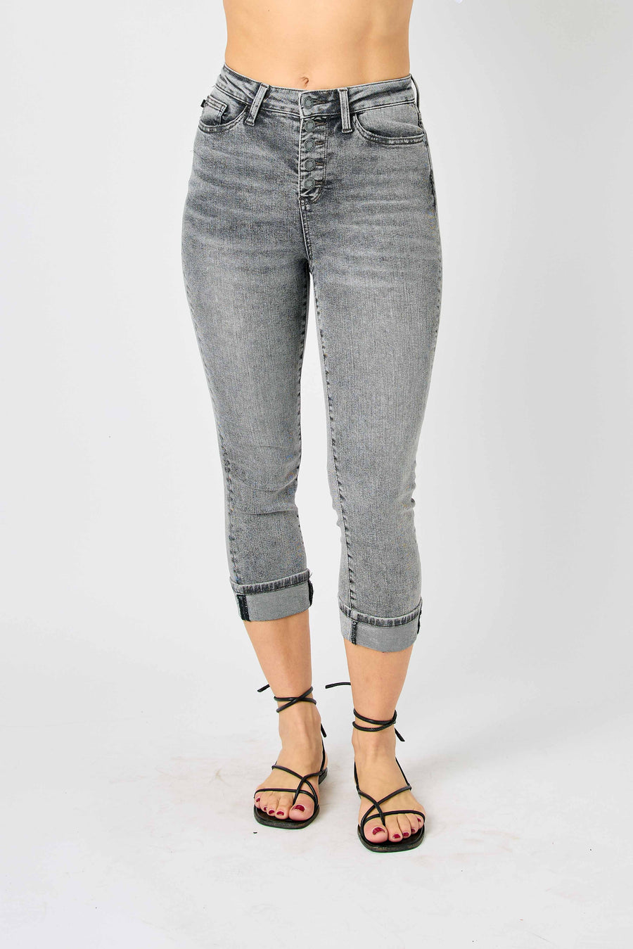 Judy Blue Hi-Waist Button Fly Grey Capri- 78110