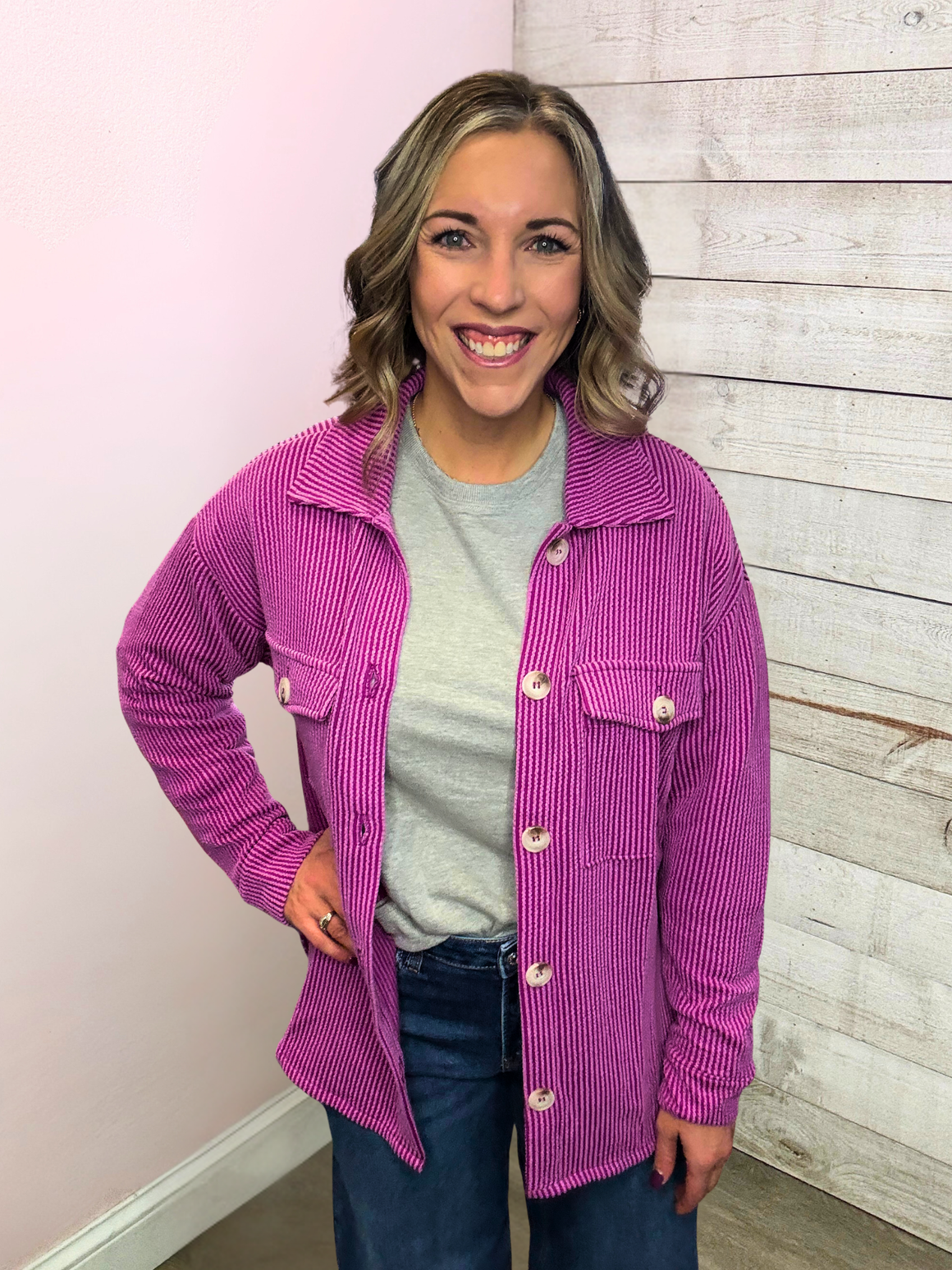 "Keep The Peace" Ribbed Button Down- Magenta