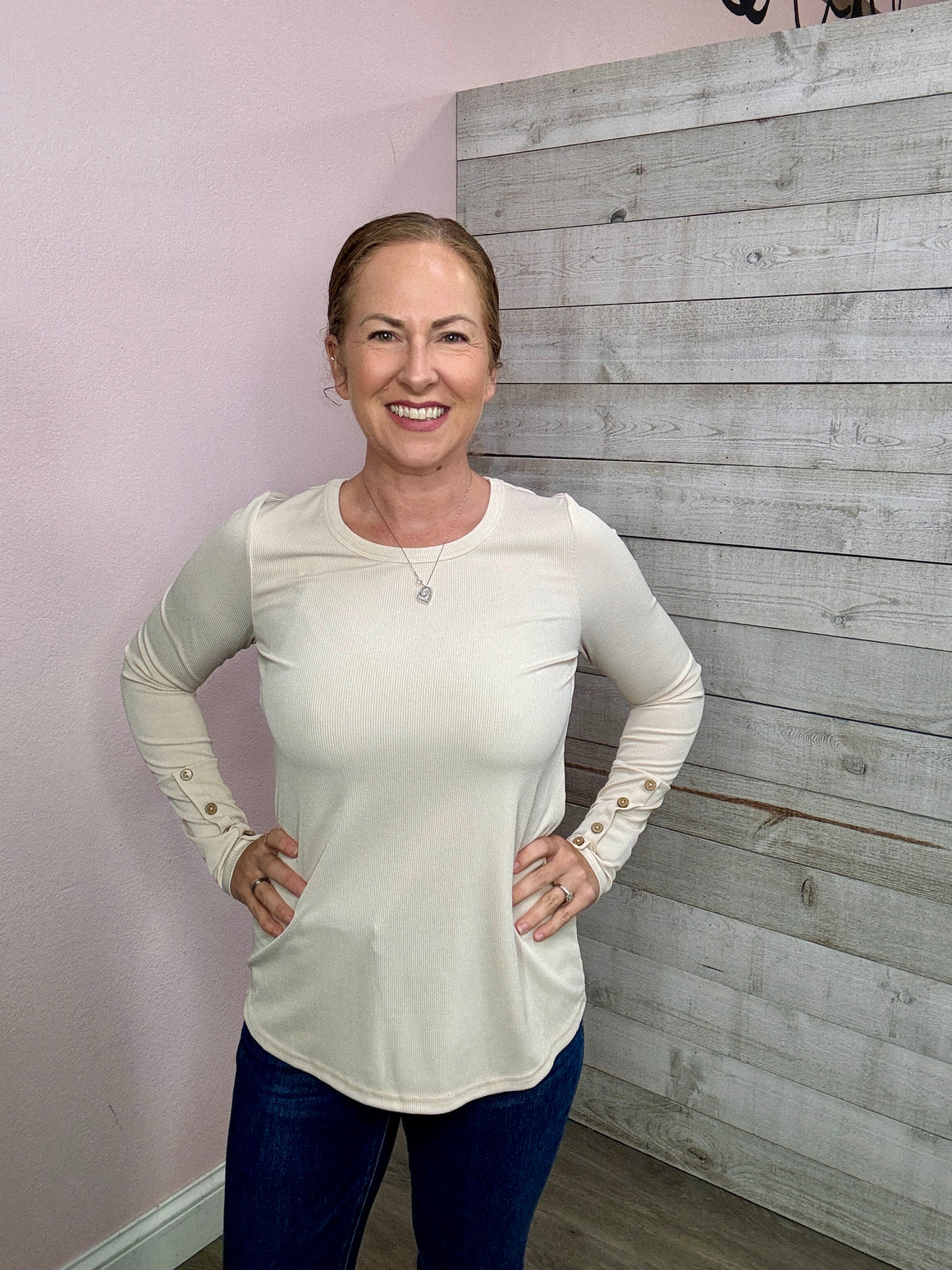 "Think It Through" Button Sleeve Top- Oatmeal