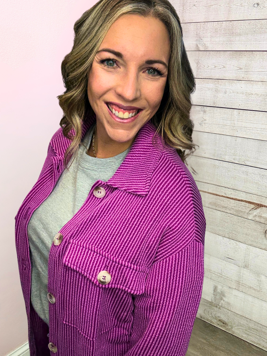 "Keep The Peace" Ribbed Button Down- Magenta