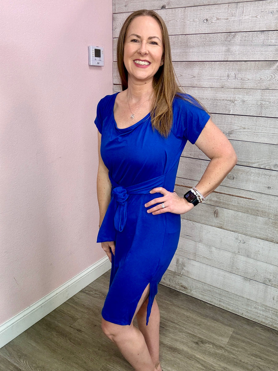 "Out Of Office" Blue Short Sleeve Dress