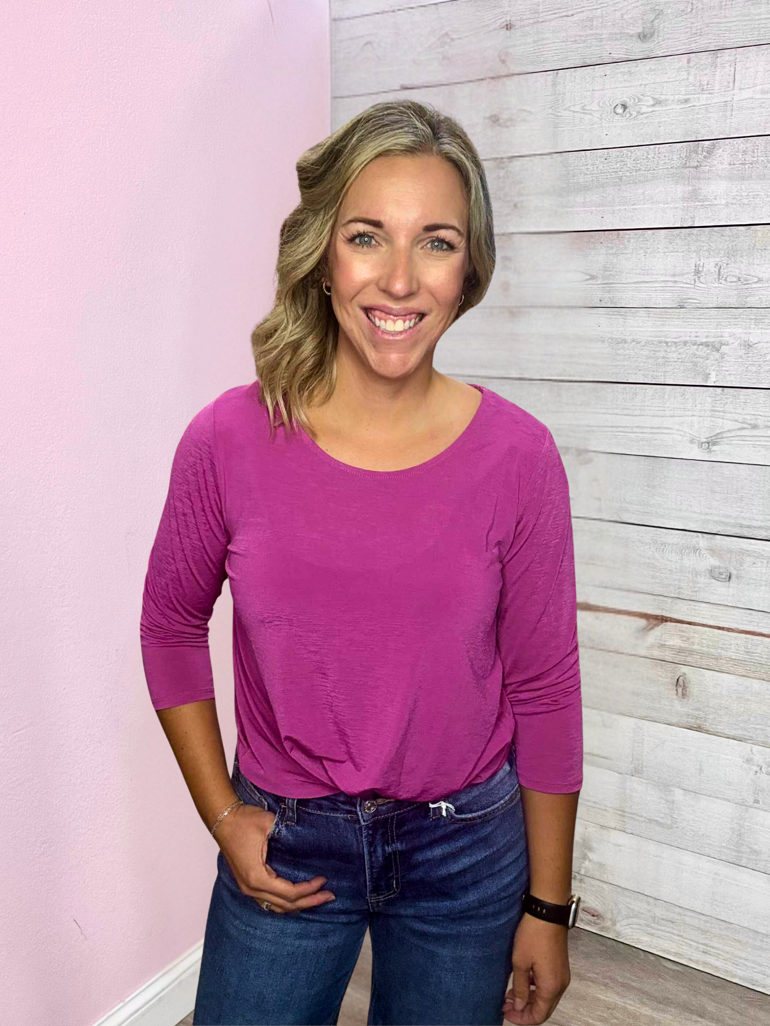 "Fall Essential" Solid Round Neck Top- Magenta
