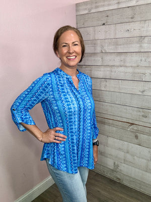 "On The Brightside" Blue Aztec Print Lizzy Top