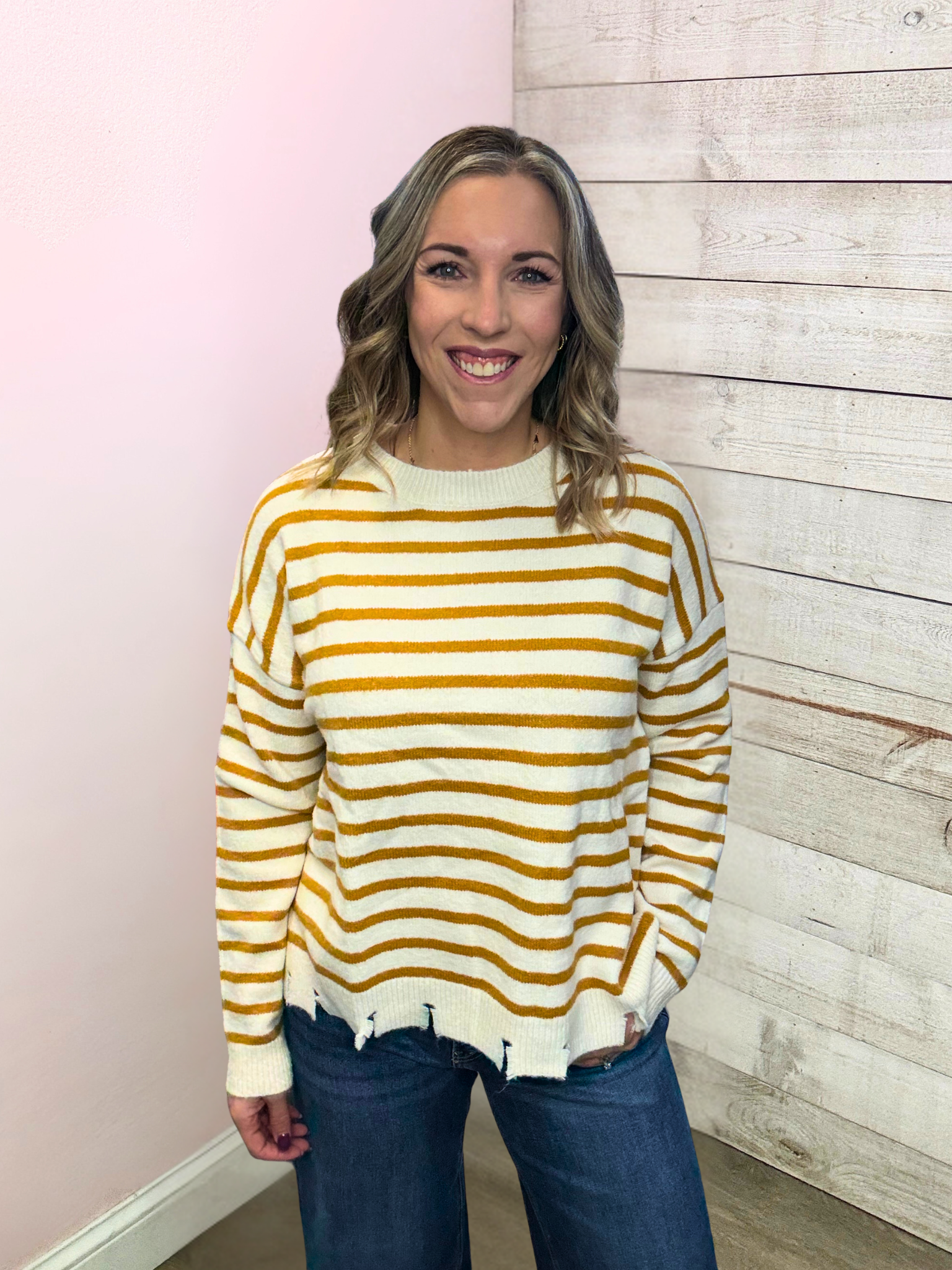 "Snuggle Season" Ivory/Mustard Stripe Sweater