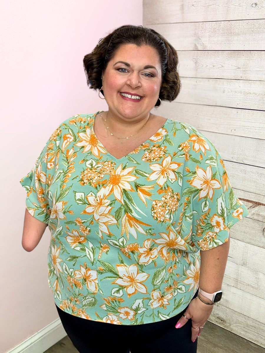 "Tropical Escape" Orange/Sage Floral Top