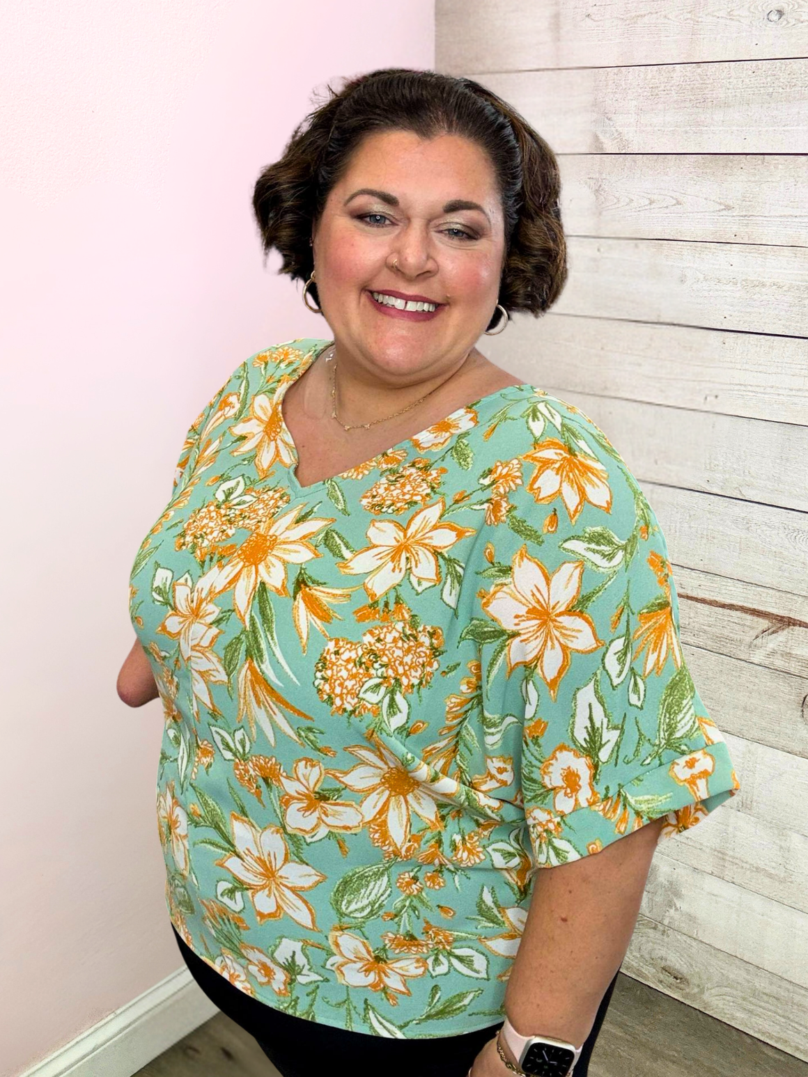"Tropical Escape" Orange/Sage Floral Top