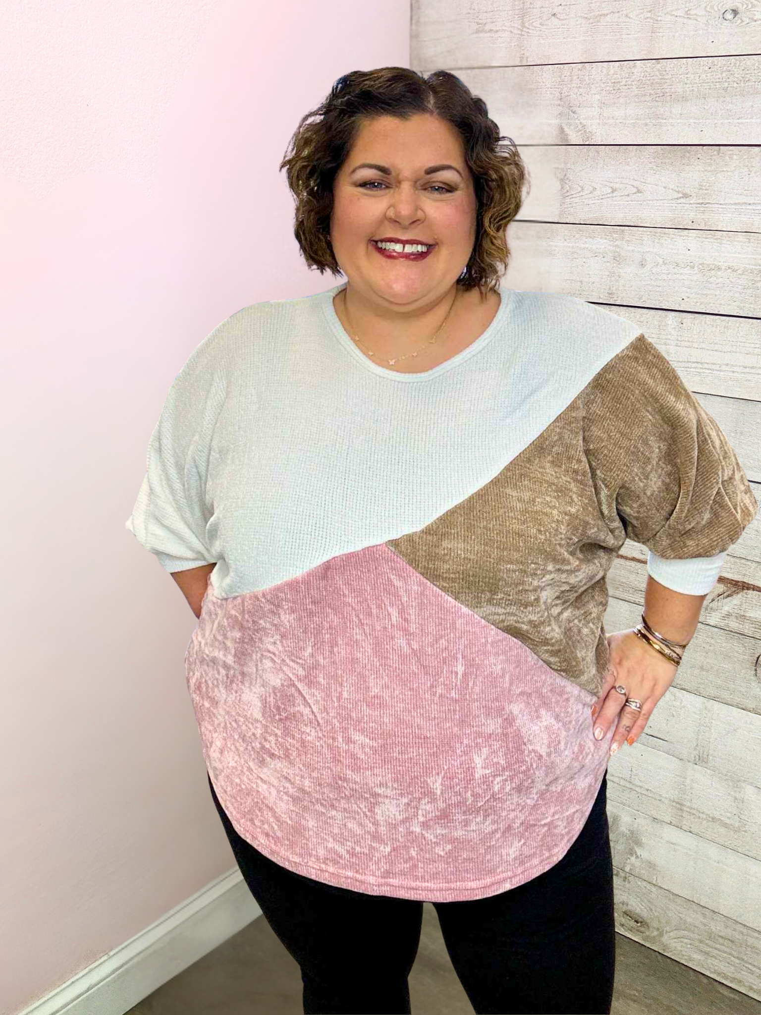 "Like A Dream" Pink/White/Brown Colorblock Top