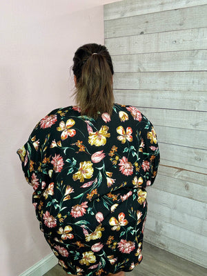 "Long Lost Love" Floral Kimono- Black/Pink