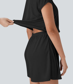 Halara "Never Giving Up" Black Waffle Romper