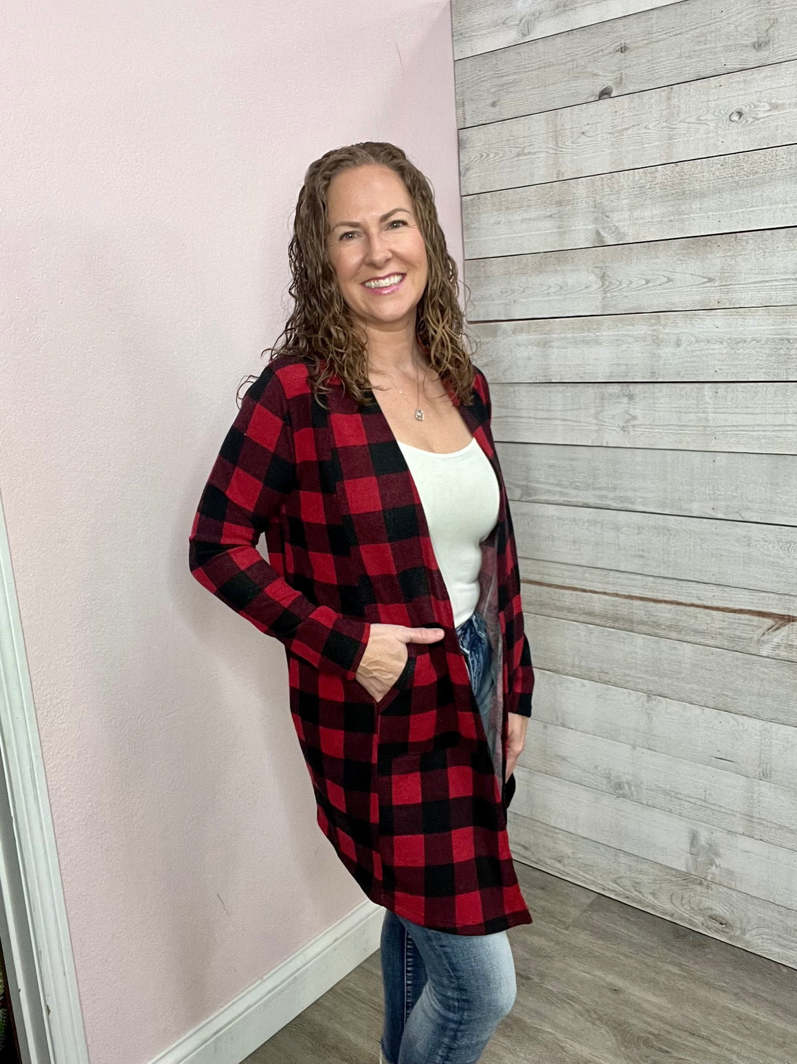 BF "Discover More" Buffalo Plaid Cardigan- Red
