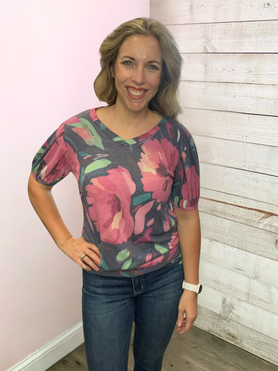"Patio Vibes" Soft Floral Top- Navy