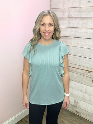 "Feeling The Vibes" Sage Ribbed Flutter Sleeve Top