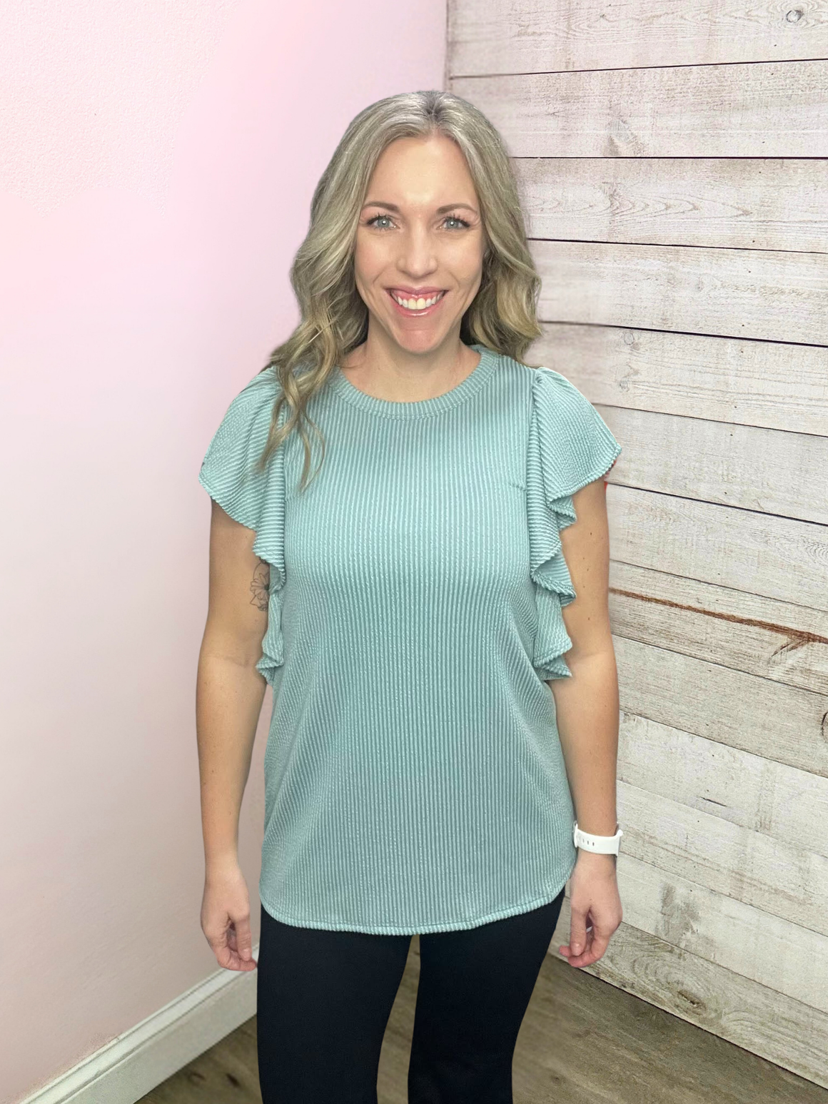 "Feeling The Vibes" Sage Ribbed Flutter Sleeve Top