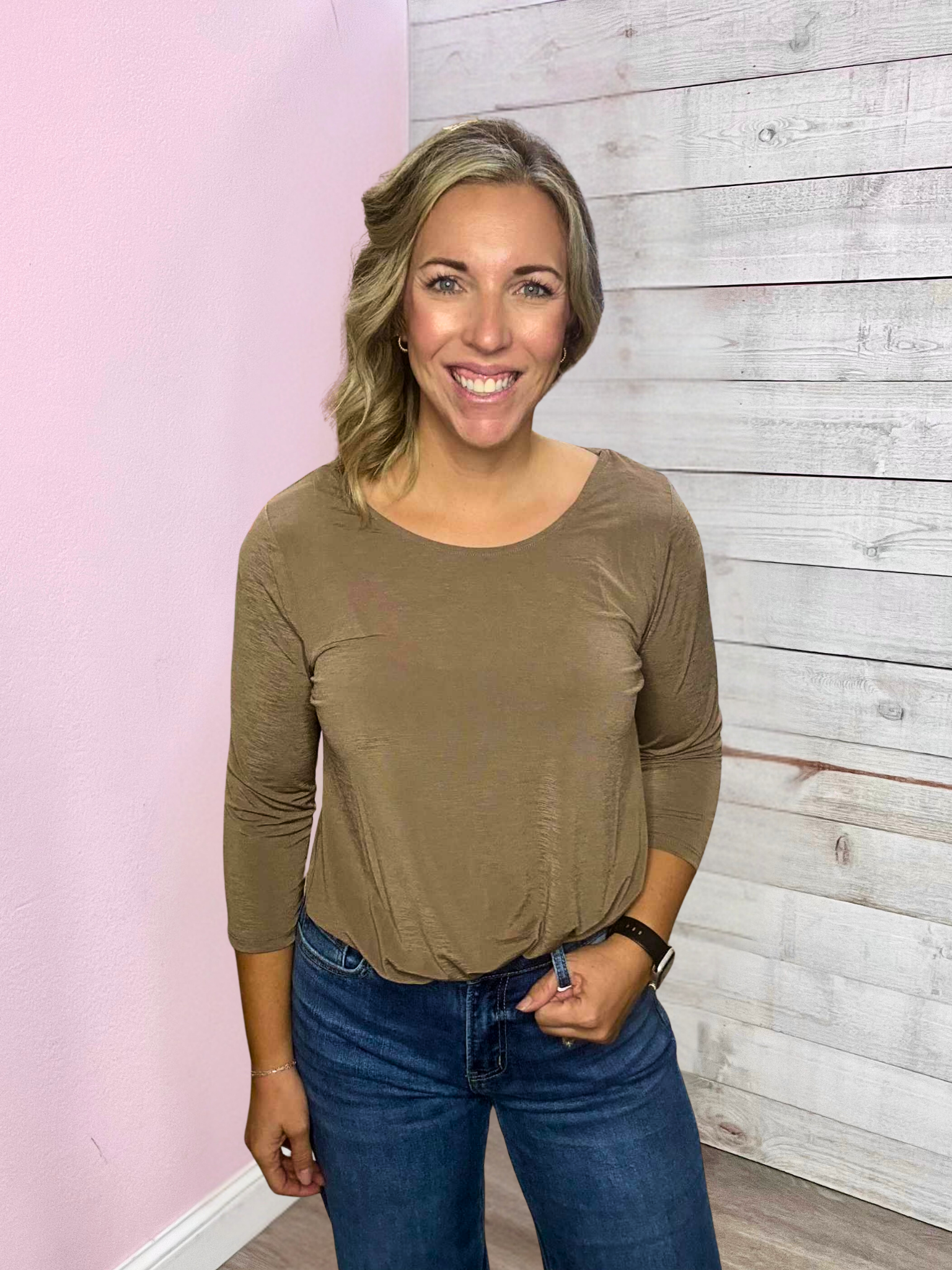 "Fall Essential" Solid Round Neck Top- Mocha