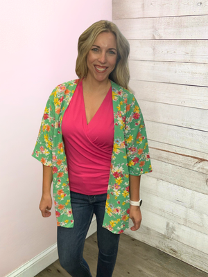 "Coastal Charm" Green Floral Kimono