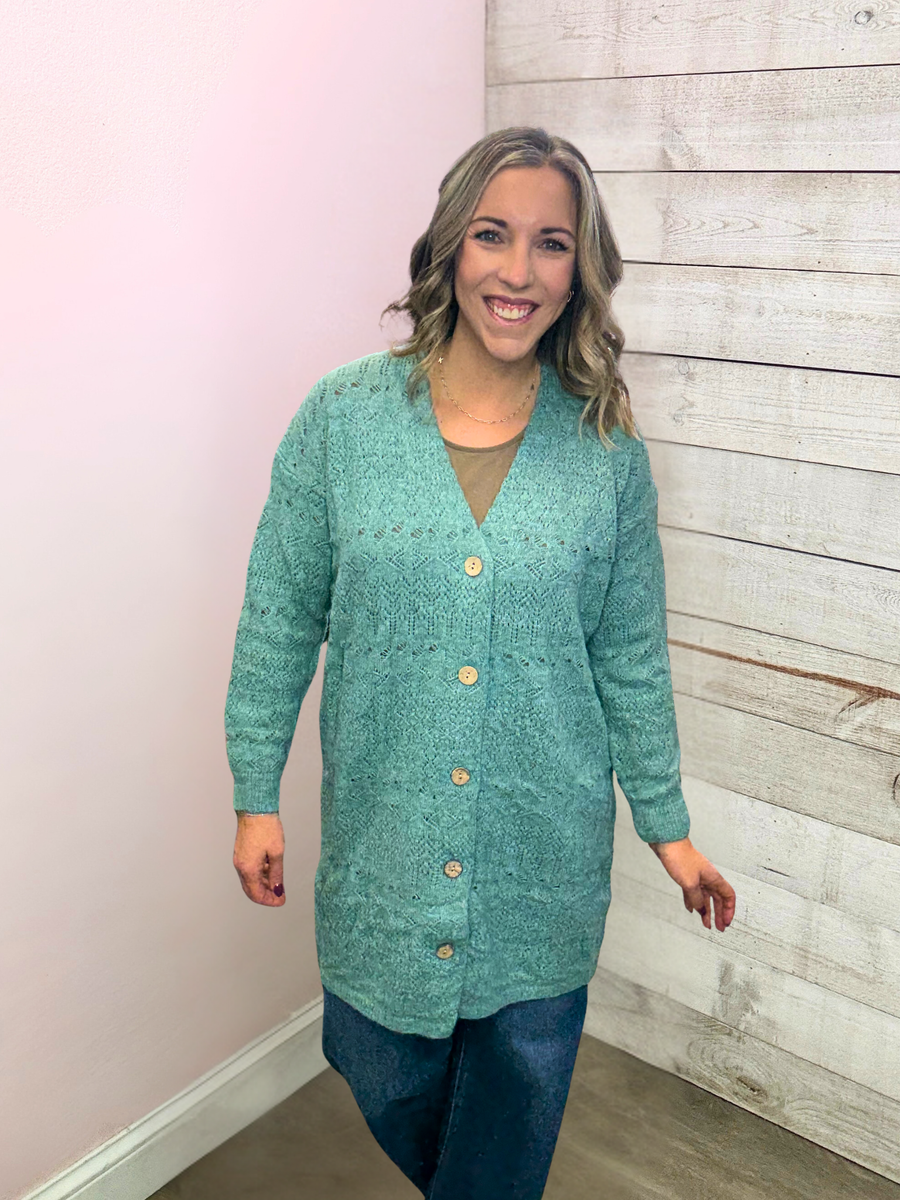 "Cider Sippin" Sweater Cardigan- Peacock