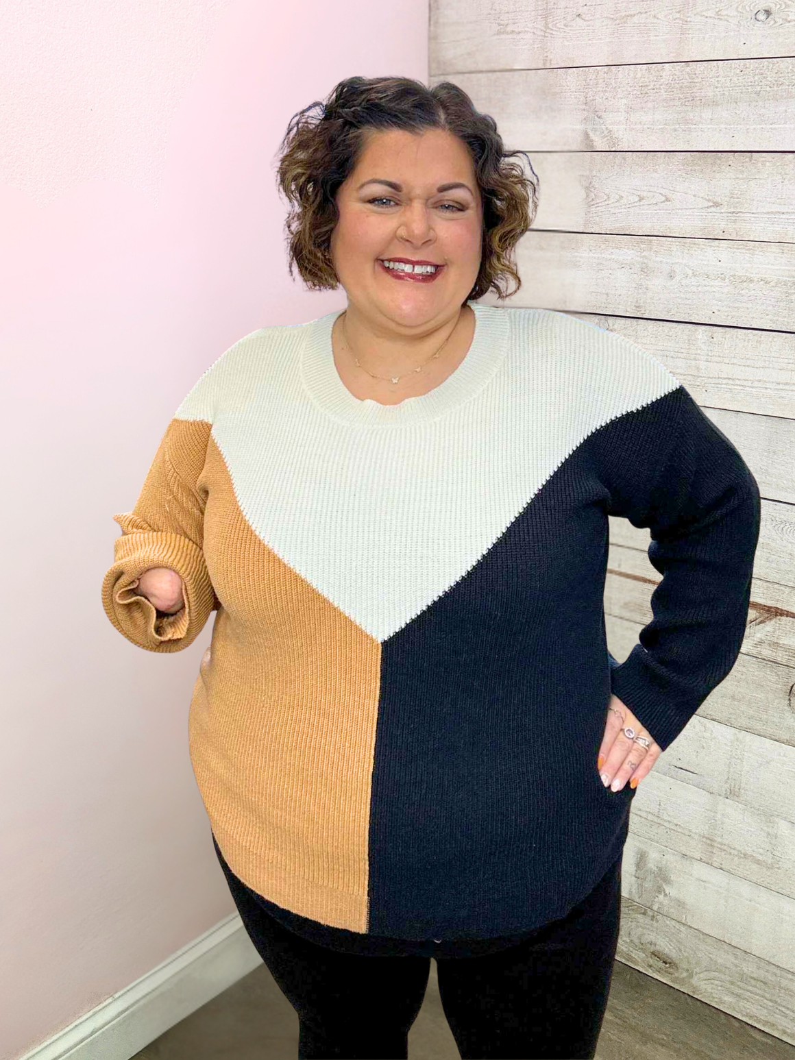 "All With Time" Ivory/Black/Brown Colorblock Sweater