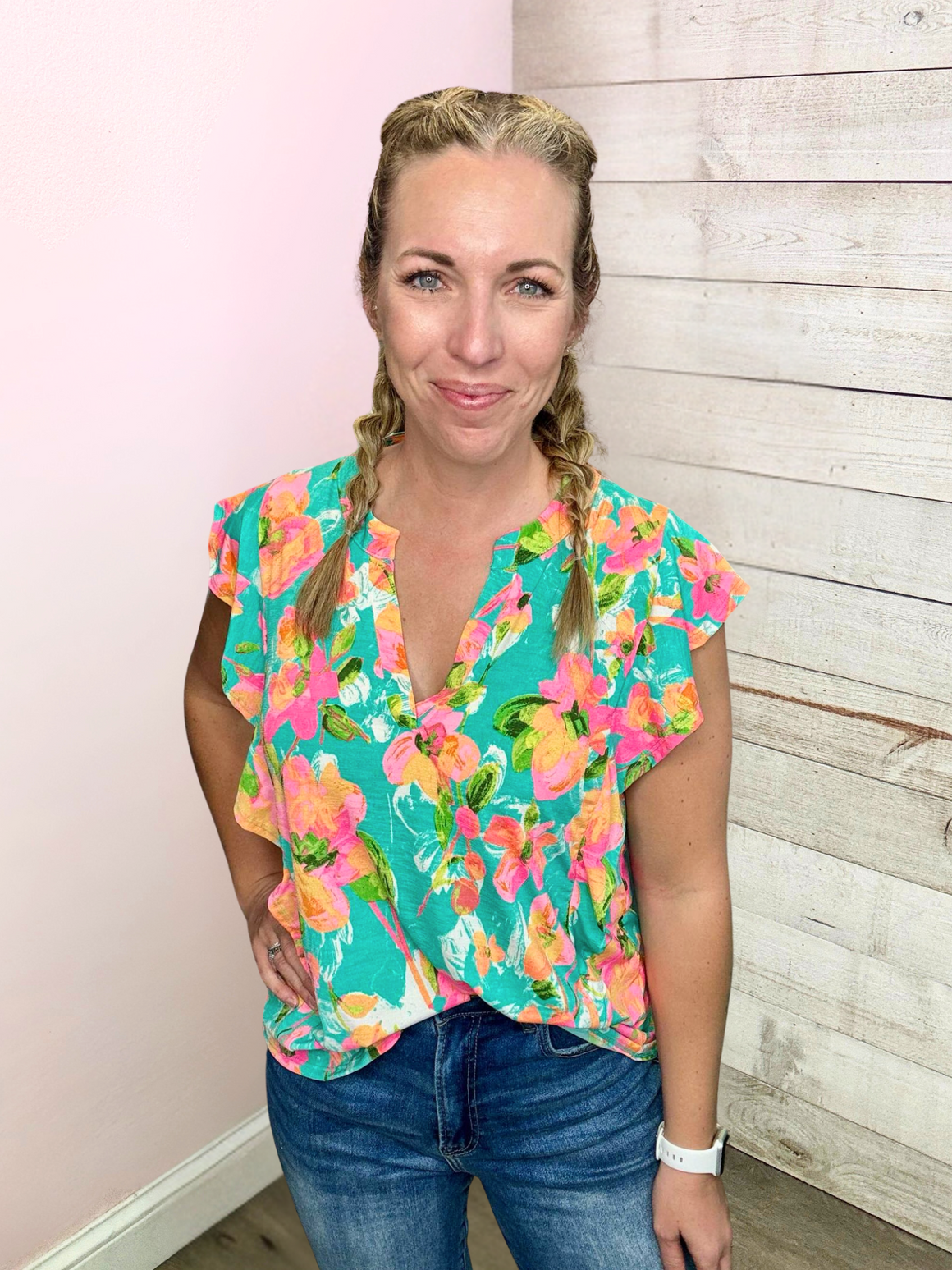 "Cheerful Mood" Pink Floral Flutter Sleeve Top