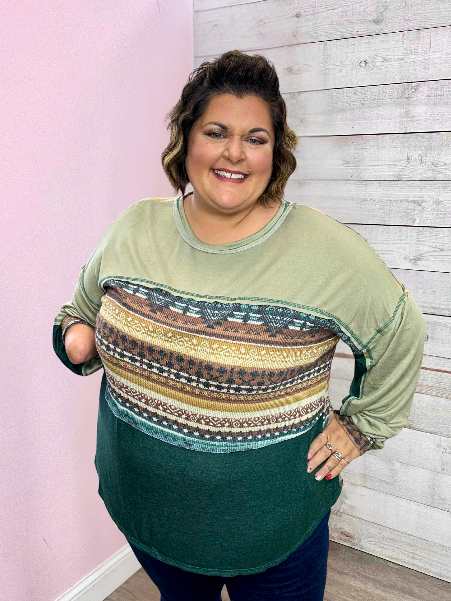 "Classic Charm" Sage Aztec Top