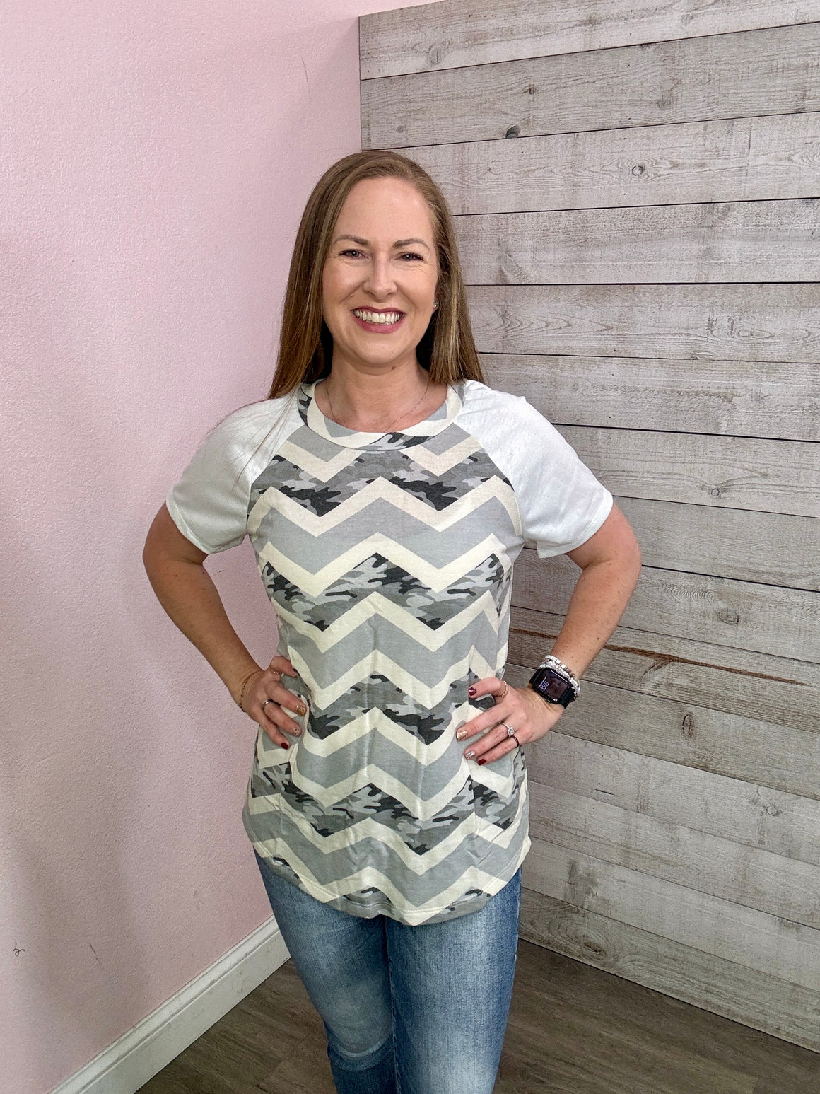 "No Complaints" Camo Chevron Print Top