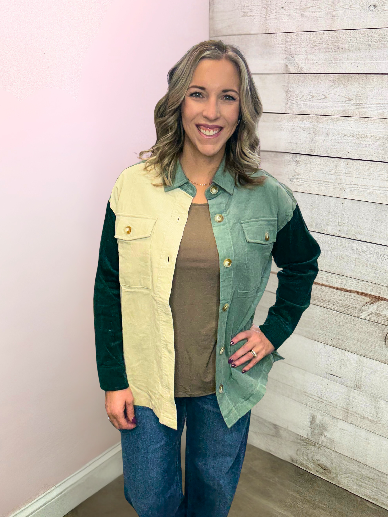 "Happy Mindset" Green Colorblock Shacket