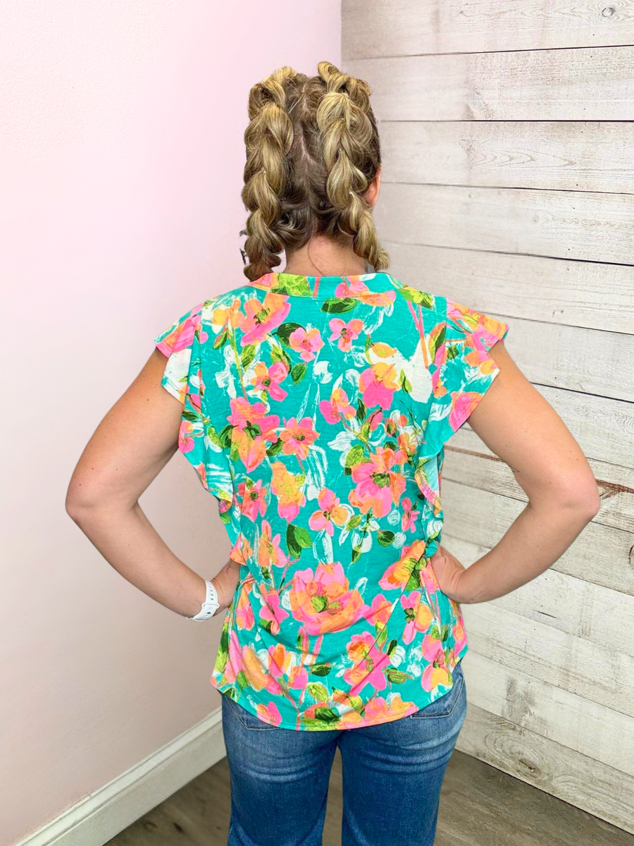 "Cheerful Mood" Pink Floral Flutter Sleeve Top