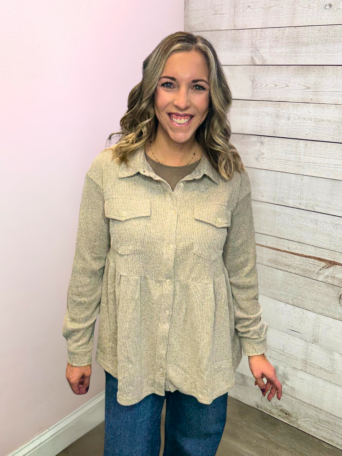 "Back To Work" Oatmeal Babydoll Top