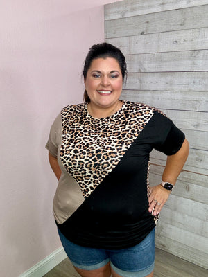 "No Worries" Black/Tan/Leopard Print Top