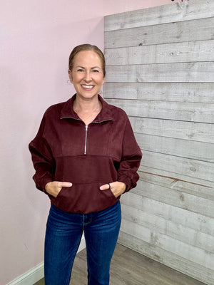 "With Love" Maroon Suede Half Zip Top