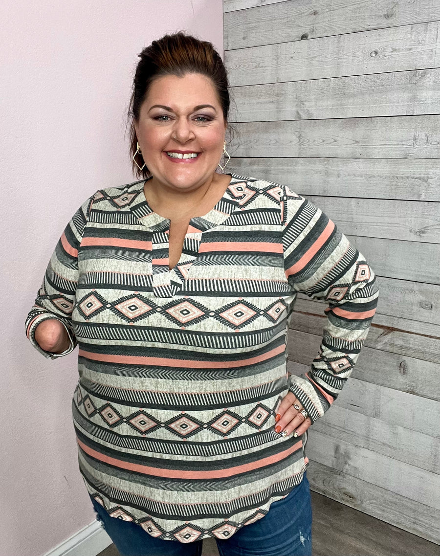 "Sweet Comfort" Grey/Coral Aztec Print Top