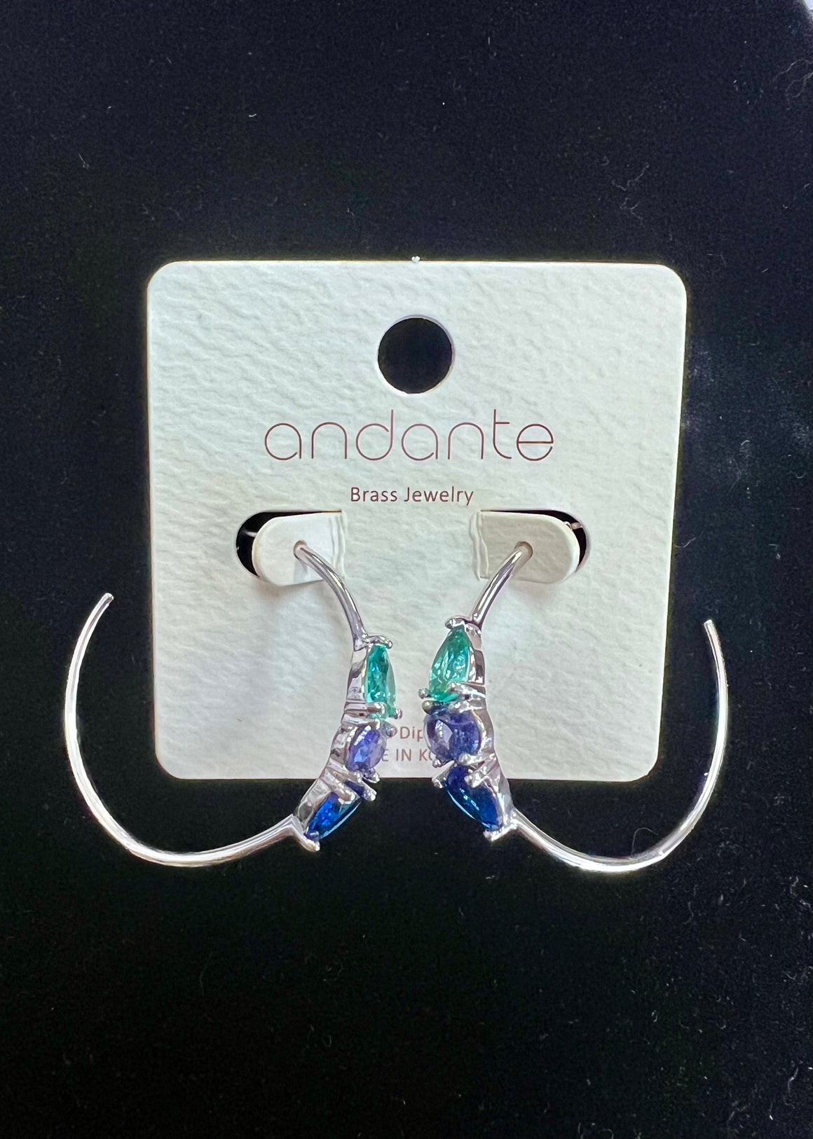 Silver Hoop Earrings w/Multi Color Jewels