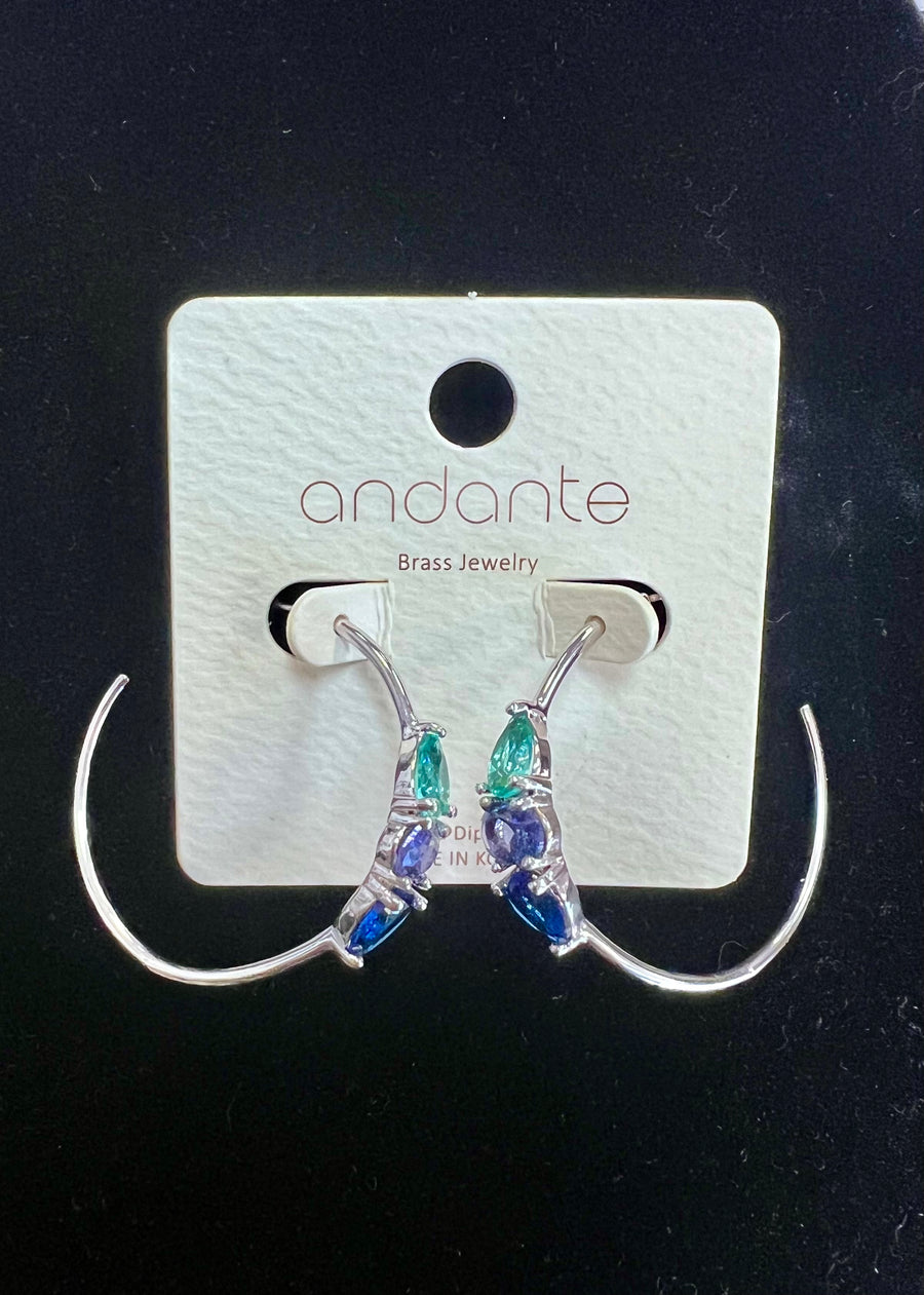 Silver Hoop Earrings w/Multi Color Jewels