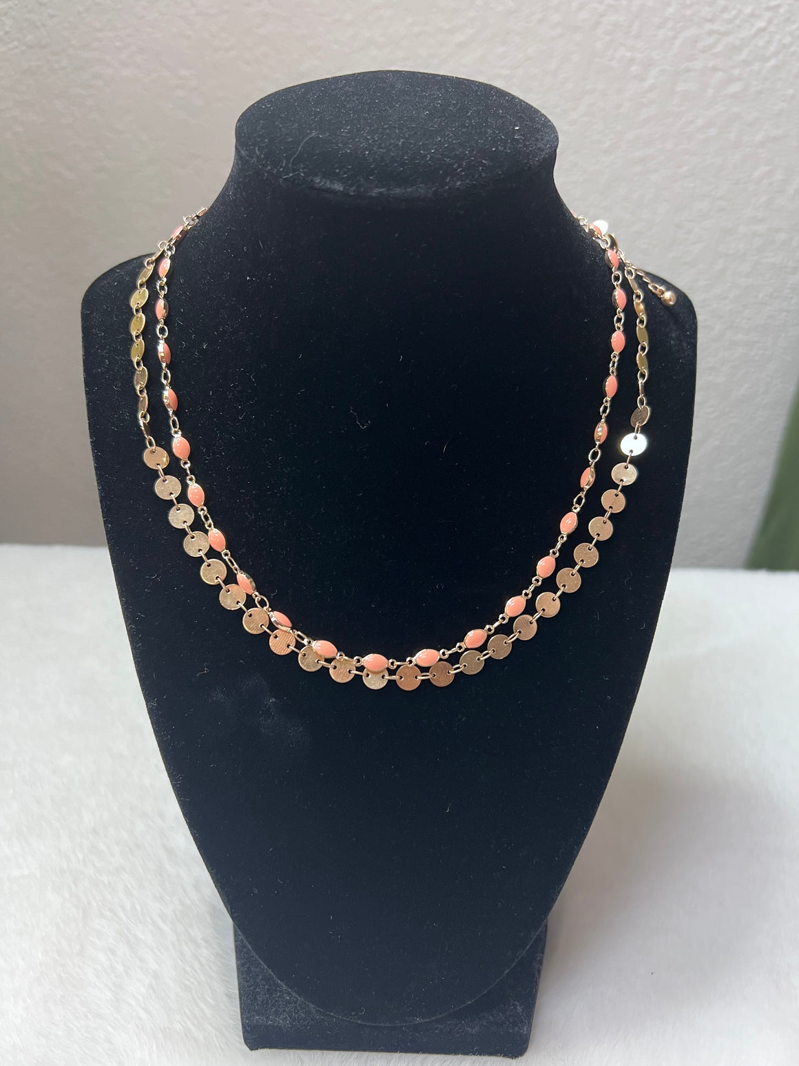 Double Gold Chain and Pink Beaded Necklace