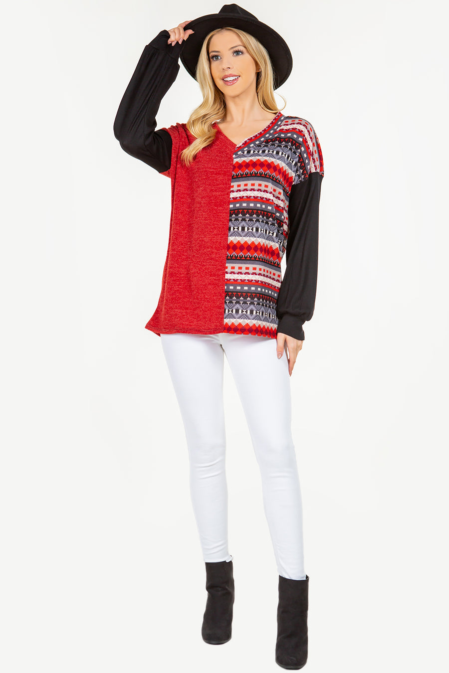 PF "So Very Merry" Red/Black Colorblock Top