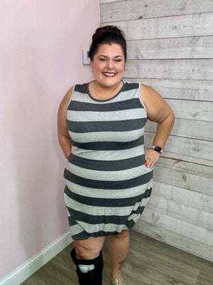 "Weekend Living" Charcoal Striped Dress