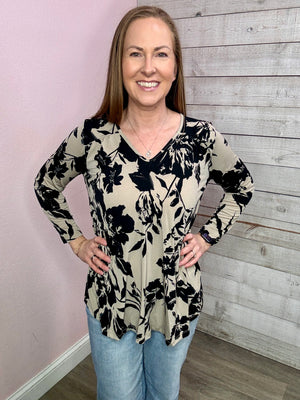 "All Season" Floral V Neck Top- Taupe