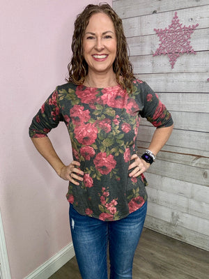 "Hello Beautiful" Charcoal Floral Top