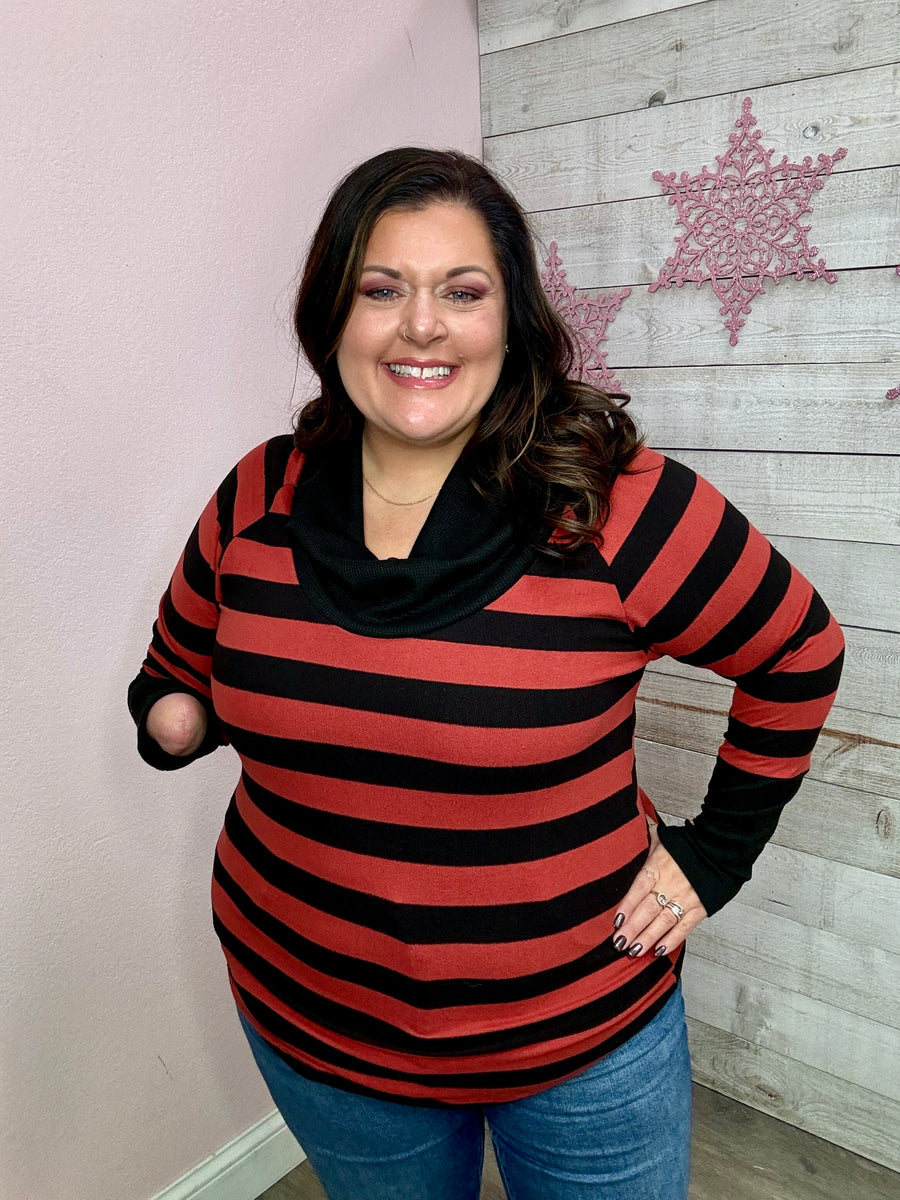 BF "Love At Last" Striped Cowl Neck- Brick