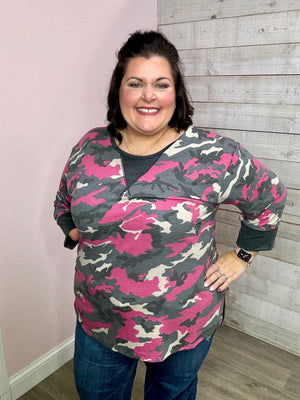 Pink"Know It All" Pink/Grey Camo Top