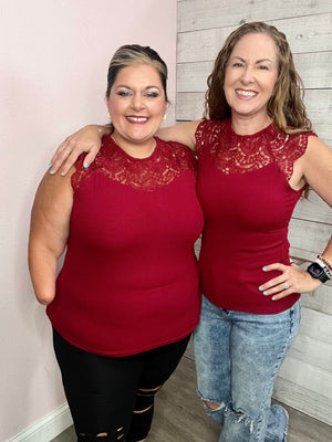 "Can't Compete" Lace Trim Top- Burgundy